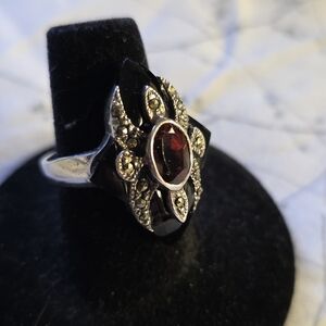 Art Deco Onyx, Garnet And Markasite Sterling Silver Ring.
